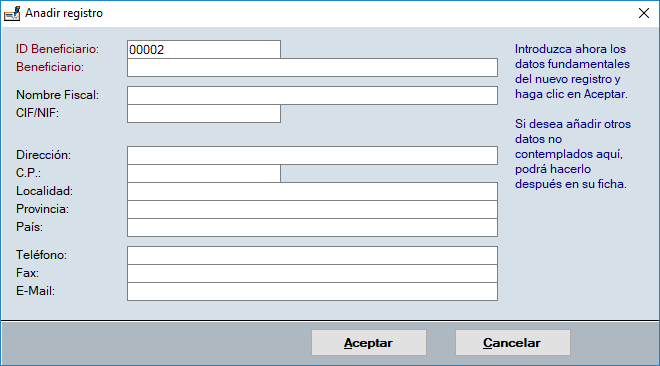 Una descripción de cómo añadir un nuevo beneficiario a la base de datos