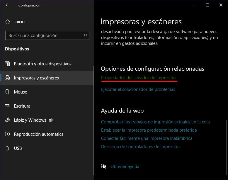 Propiedades del servidor de impresión desde la configuración de Windows (Impresoras y escáneres)