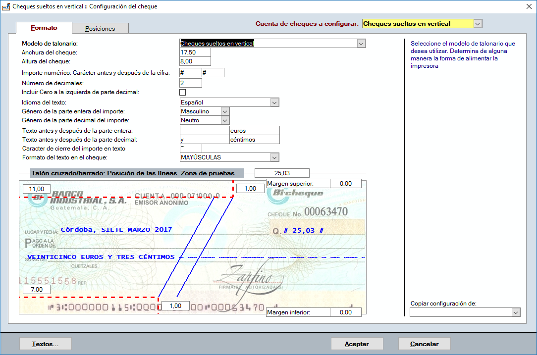 Configuración del formato de los datos del cheque o pagaré