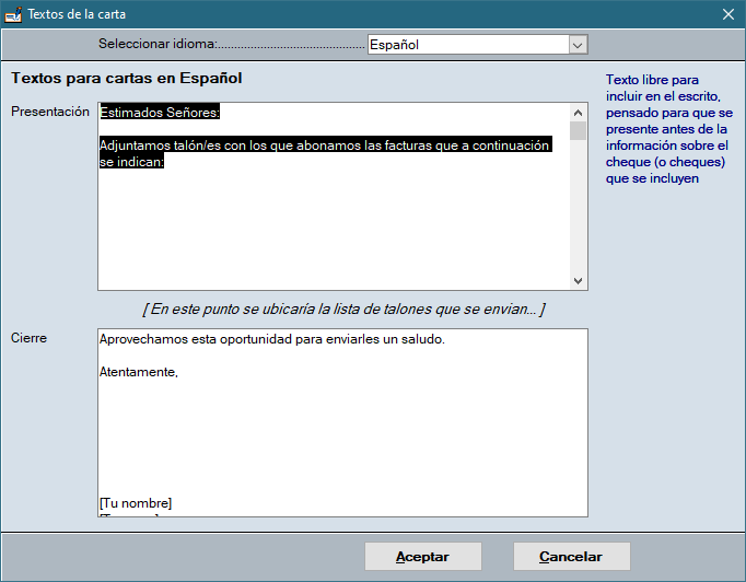 Textos para el cuerpo de la carta con la que adjuntar los cheques o pagarés