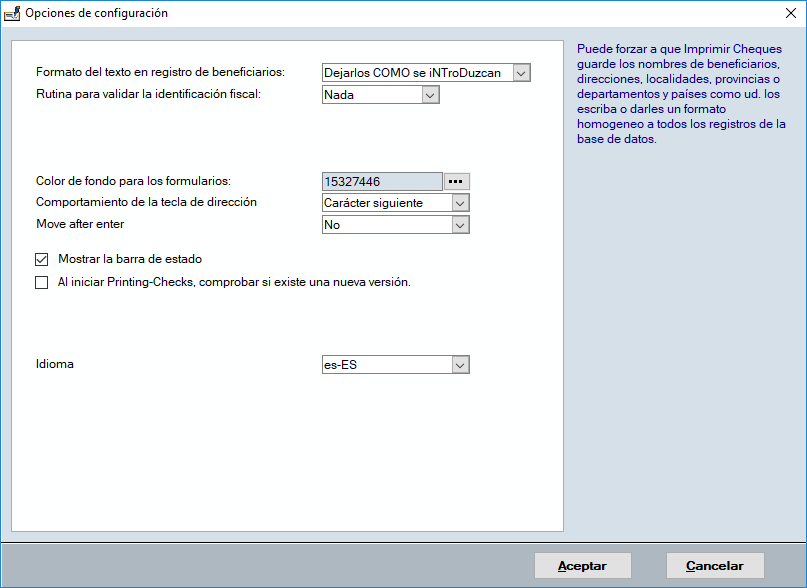 Opciones de configuración general de la aplicación