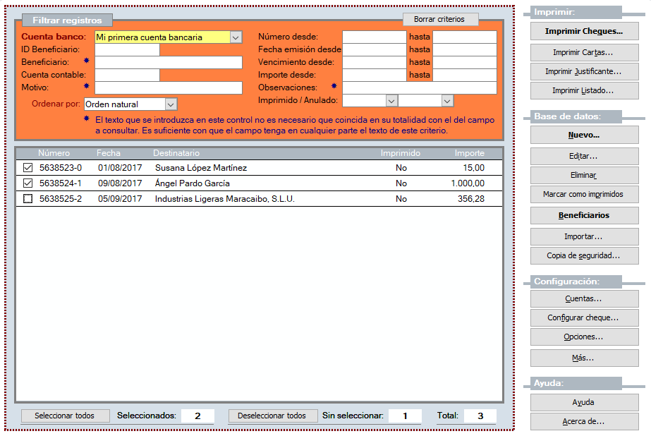 Listado filtrado de cheques o pagarés y comandos