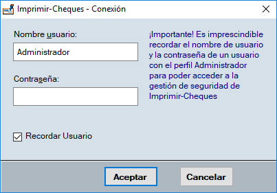El diálogo de acceso (usuario y contraseña)