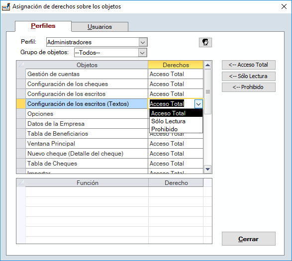 La asignación de derechos a los perfiles y usuarios de Imprimir Cheques